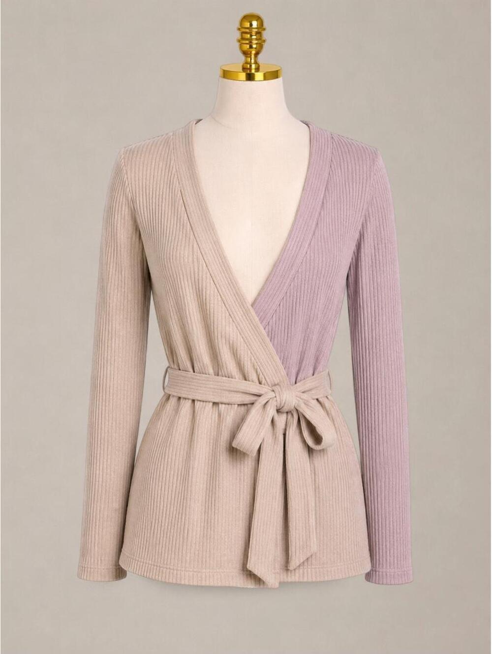 Express Two-Tone Ribbed Wrap Top XS